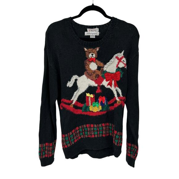 Vintage Talbots Black Multicolor Hand Knit Christmas Sweater Womens Small AS IS - Picture 1 of 8